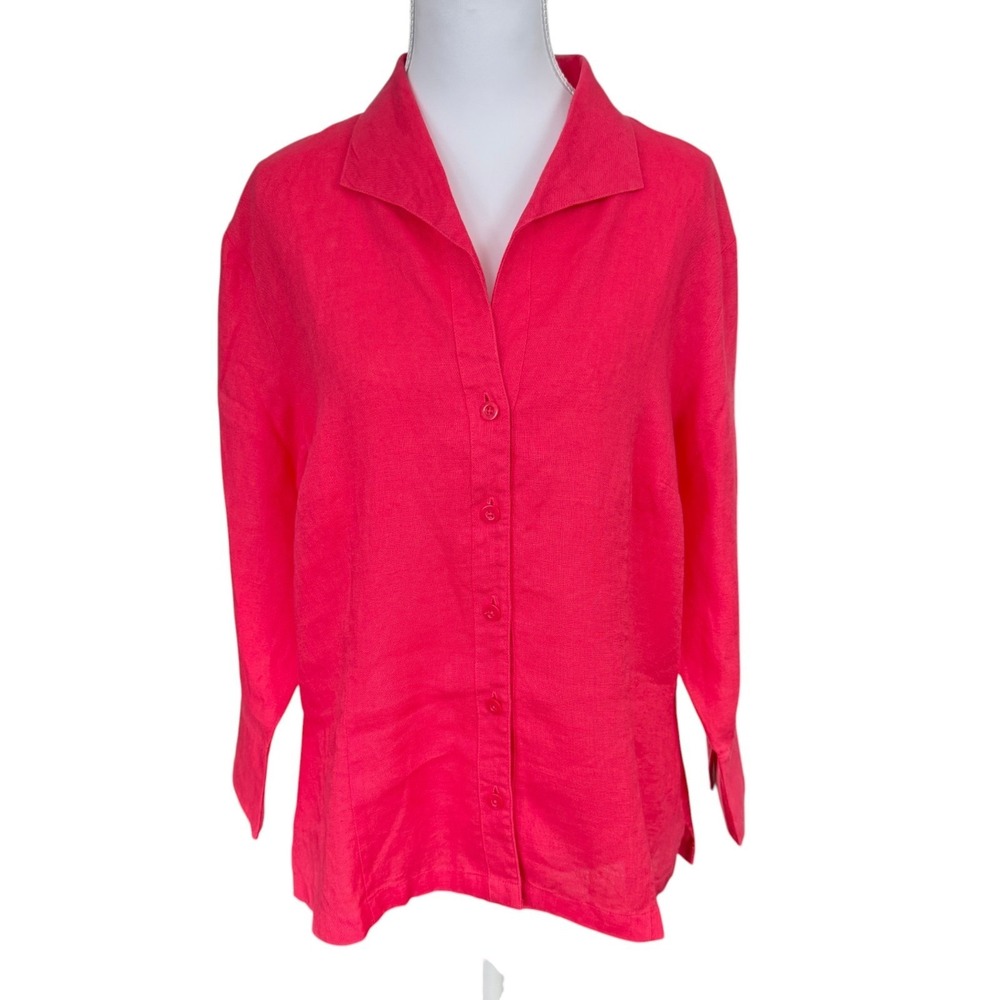 Talbots Irish Linen Button Up Shirt Size 16 Pink Bold Beachy Coastal Grandmother